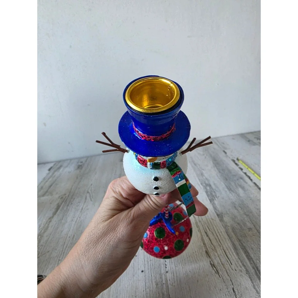 Vintage Pacific rim glitter snowman candle holder RARE Xmas decor sparkle‎